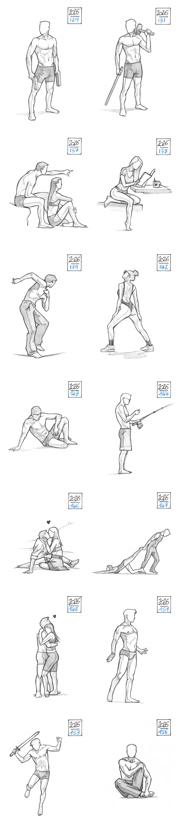 Pencil sketch of various poses, boy, girls and couple