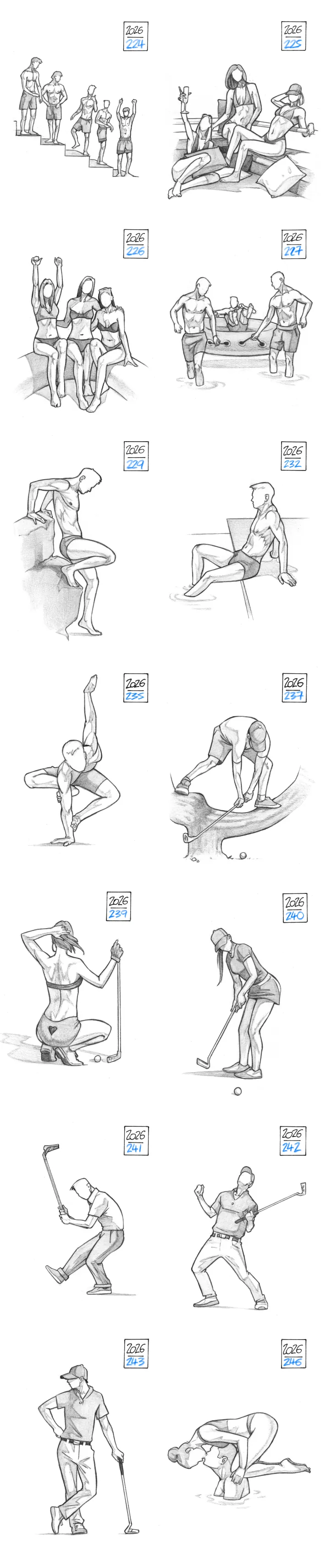 Pencil sketch of various beach pose and golf poses