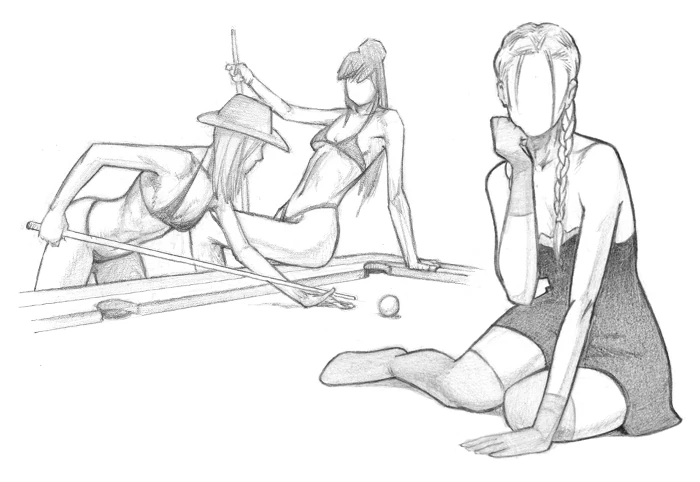 Drawing of women in bikini playing pool