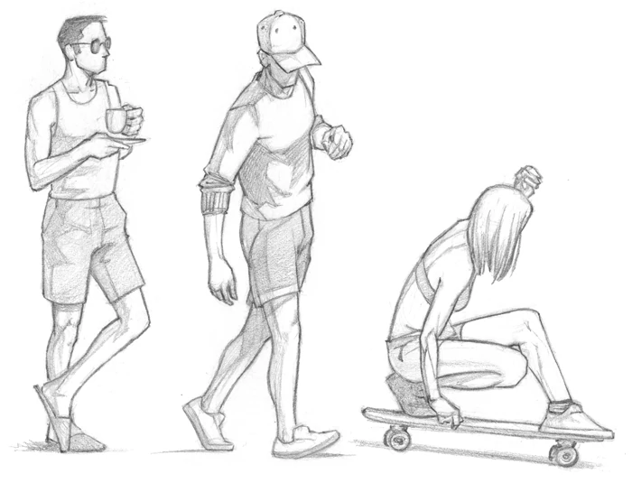 Drawing of a standing men holding a tea cup, a walking guy wearing a baseball cap and a young girl rushing on a skateboard