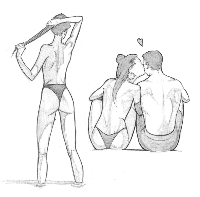 Drawing of standing girl from the back and a kissing couple