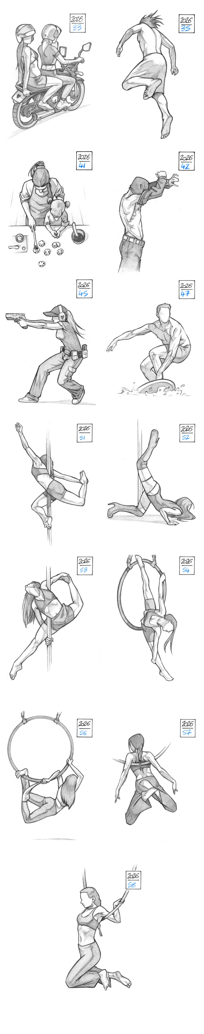 Pencil studies of various poses by Warren Montrose